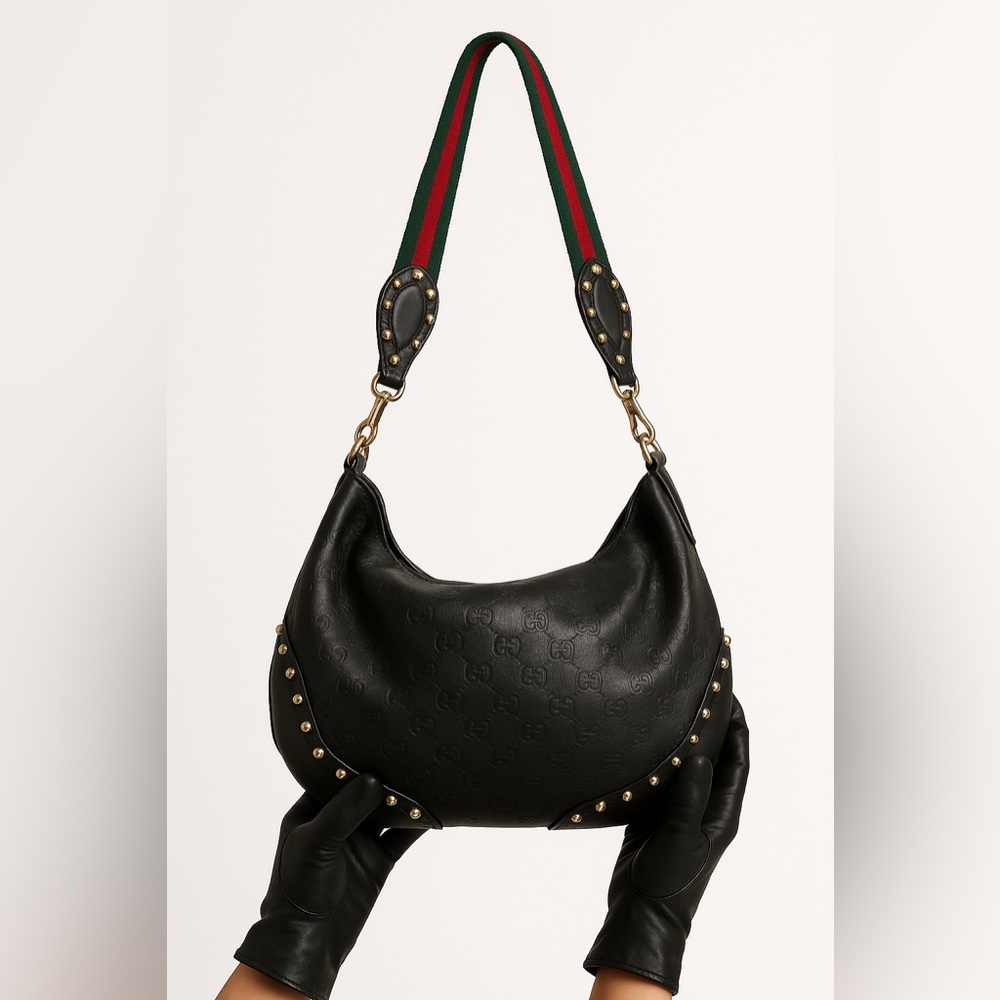 Gucci Studded Guccissima Leather Hobo Bag 146011–Black w/ Gold Studs & Web Strap